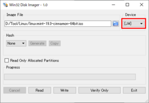 Win32 Disk Imager_書込みドライブを選択
