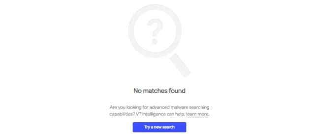 VirusTotalハッシュ検索_No matches found_一致するものが見つからないときの表示