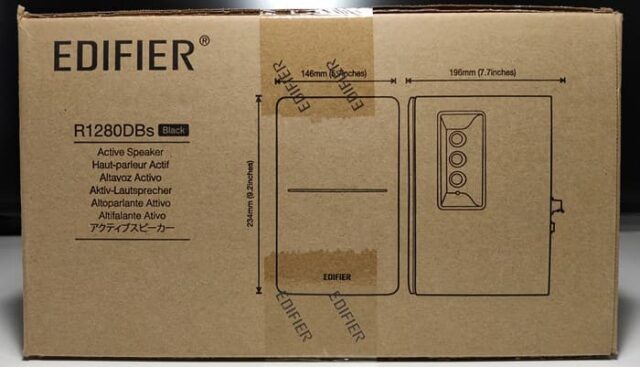 Edifier R1280DBsレビュー_外箱横にはスピーカーのサイズ